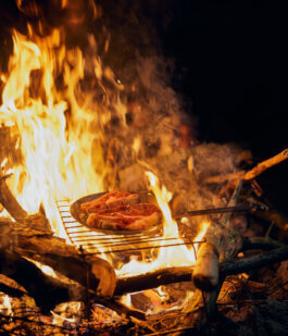 Fotografie von Alex Sobotta: Saftige Wagyu-Rindersteaks brutzeln auf einem Metallgrill über offenem Lagerfeuer. Große Flammen und lodernde Holzscheite umfassen das Fleisch in der nächtlichen Wildnis. Intensives Lichtspiel durch Feuer, kein Mensch sichtbar. A cinematic photo by Alex Sobotta shows raw wagyu steaks grilling over campfire flames at night, shot outdoors. Alex Sobotta Fotograf
