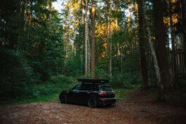 Ein schwarzer Mini Clubman mit markanter Dachzelt-Box von Roof Space steht einsam auf einer staubigen Lichtung, umringt von hohen, dichten Bäumen in einem sonnendurchfluteten Wald. Die Lichtstrahlen brechen sanft durch das Blätterdach und setzen das Fahrzeug cineastisch in Szene, während der Waldboden im Vordergrund staubig schimmert. Keine Personen sichtbar – der Fokus liegt klar auf dem Mini und seinem abenteuerlichen Zubehör. Alex Sobotta Fotografie spiegelt sich im Spiel aus Schatten, Natur und Technik wider. A black Mini Clubman with a distinctive roof tent is parked alone among tall trees in sunlight. Perfect for travel and outdoor photography keywords. Alex Sobotta Fotograf