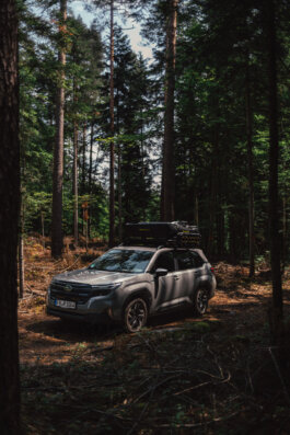 Foto von Alex Sobotta: Eine silberne 2025 Subaru Forester mit Dachbox steht auf einem staubigen Pfad mitten in einem dichten, sonnenbeschienenen Wald. Sonnenstrahlen brechen durch hohe Bäume; Naturidylle und Abenteuerlust dominieren die Szene. A silver 2025 Subaru Forester with a roof box parked on a sun-dappled forest path. Photographic style highlights wilderness and exploration. Alex Sobotta Fotograf